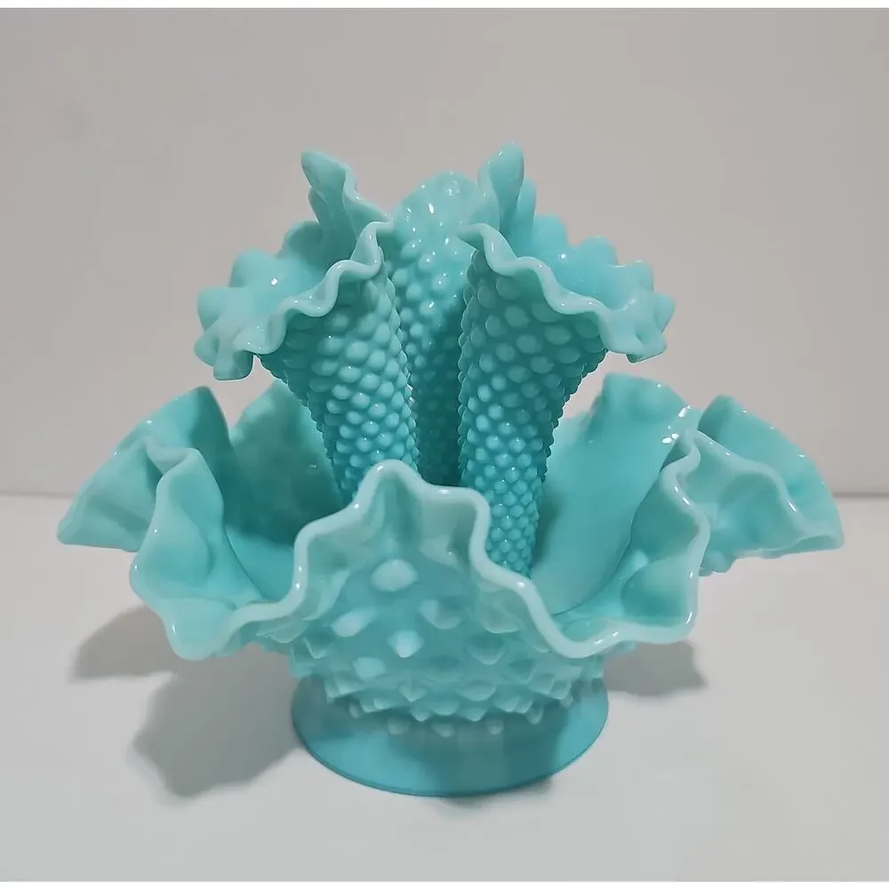 Fenton Aqua Milk Glass Three Horn Hobnail Epergne Vase/Bowl Mint Condition